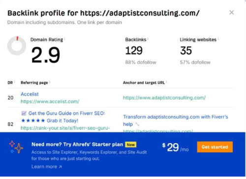 Ahrefs backlink profile for Adaptist Consulting before the outreach campaign, showing Domain Rating 3